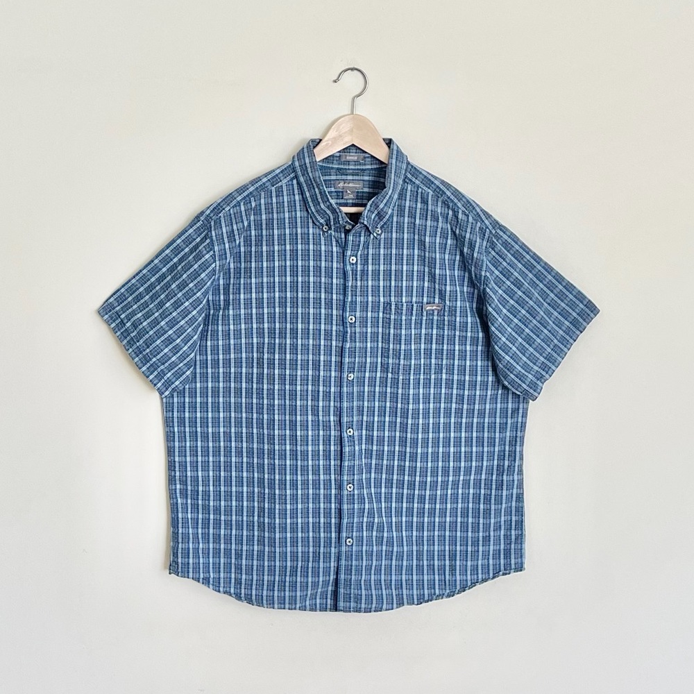 Eddie Bauer Seersucker Plaid Blue Brown Casual Button Down Shirt Men’s size 2XL